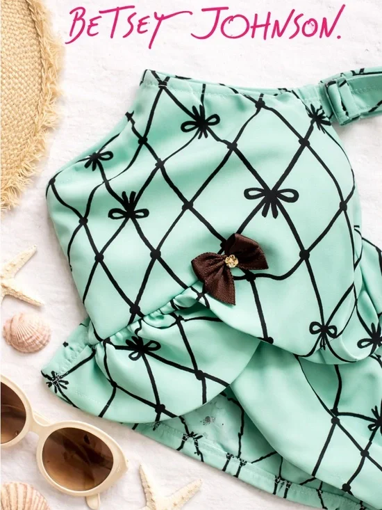 Betsey Johnson Mint Green Floral Grid Ruffle With Bows Bikini Set Lg - Picture 5 of 10